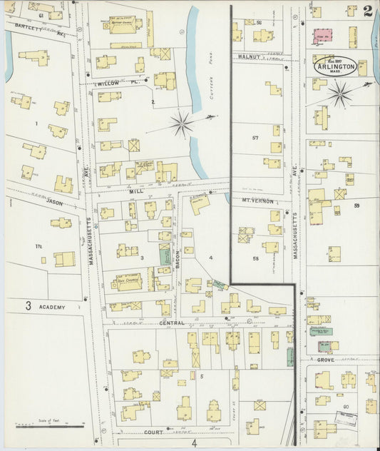 Sanborn Fire Insurance Map from Arlington, Middlesex County, Massachusetts (1897), Sheet #0002 - Historic Sanborn Fire Insurance Map Print, vintage old map wall art, antique decor, genealogy gift, Massachusetts Massachusetts map