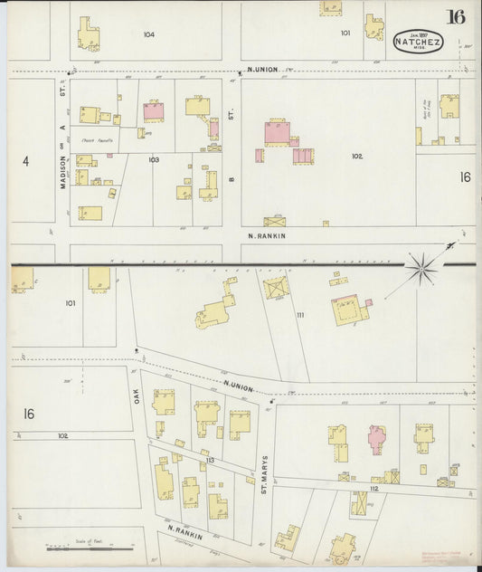 Sanborn Fire Insurance Map from Natchez, Adams County, Mississippi (1897), Sheet #0016 - Historic Sanborn Fire Insurance Map Print, vintage old map wall art, antique decor, genealogy gift, Mississippi Mississippi map