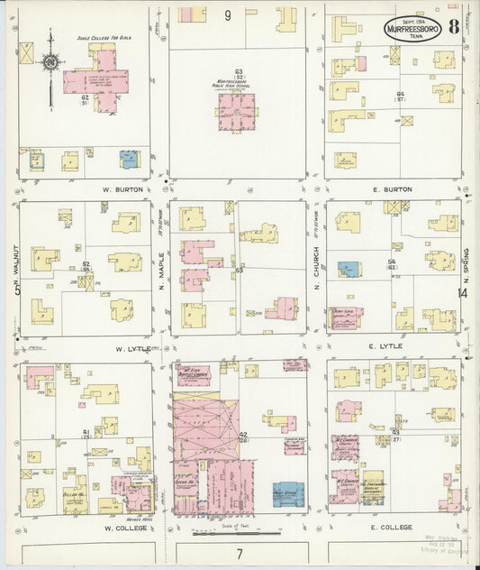 Sanborn Fire Insurance Map from Murfreesboro, Rutherford County, Tennessee (1914), Sheet #0008 - Historic Sanborn Fire Insurance Map Print, vintage old map wall art, antique decor, genealogy gift, Tennessee Tennessee map