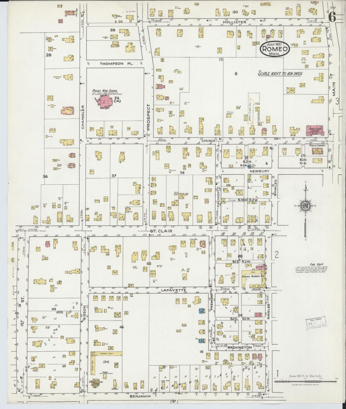 Sanborn Fire Insurance Map from Romeo, Macomb County, Michigan (1921), Sheet #0006 - Historic Sanborn Fire Insurance Map Print, vintage old map wall art, antique decor, genealogy gift, Michigan Michigan map