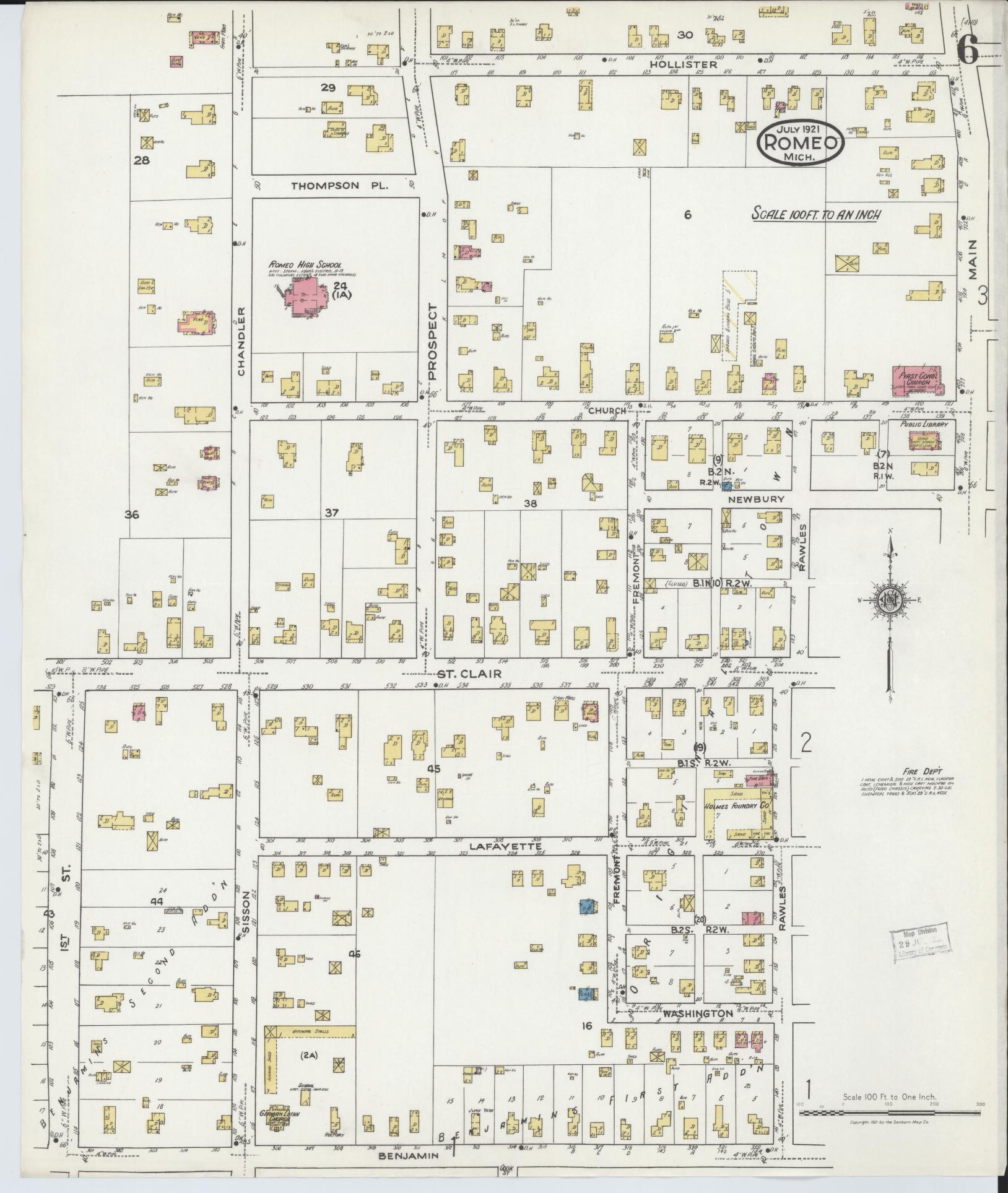 Sanborn Fire Insurance Map from Romeo, Macomb County, Michigan (1921), Sheet #0006 - Historic Sanborn Fire Insurance Map Print, vintage old map wall art, antique decor, genealogy gift, Michigan Michigan map