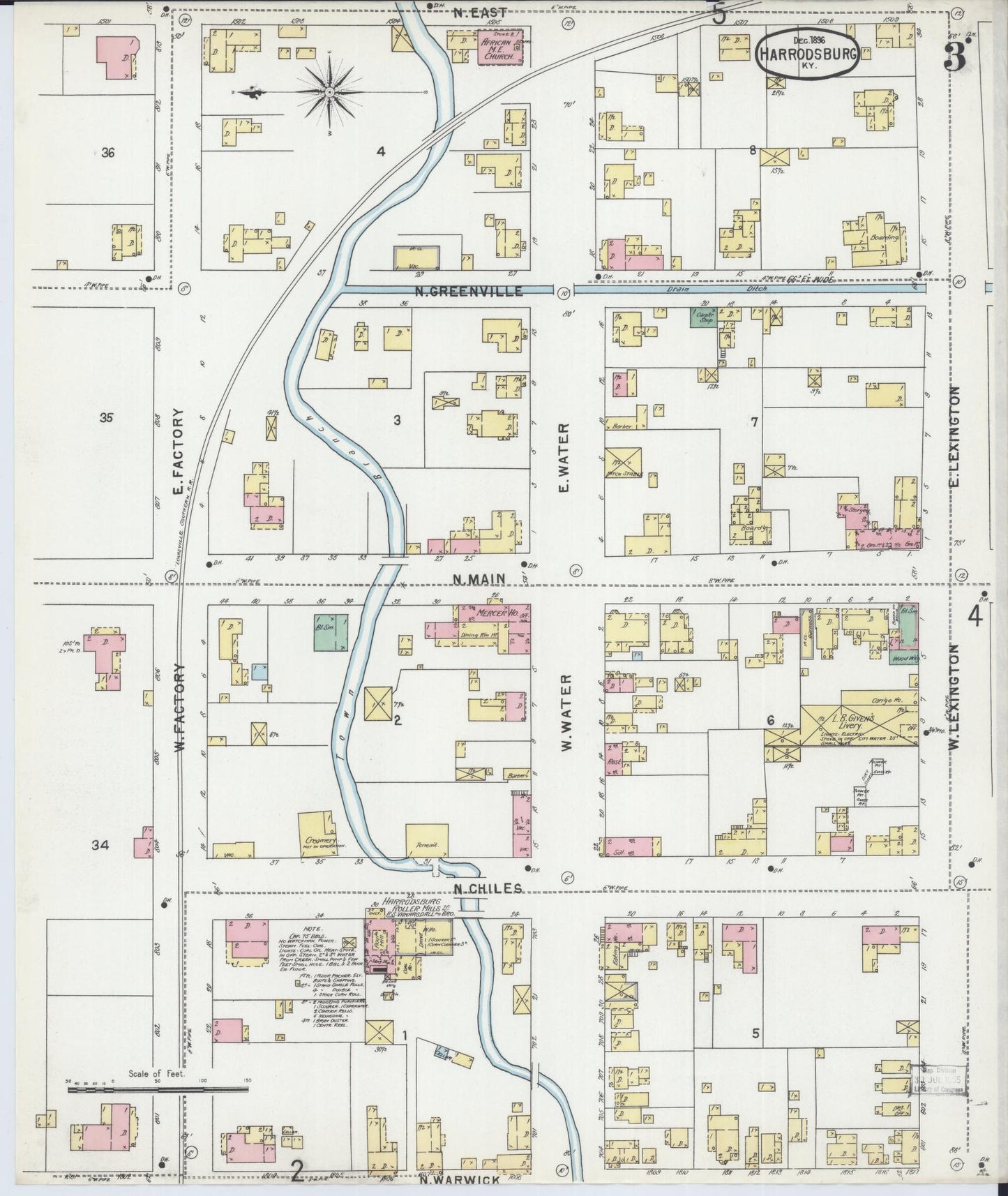 Sanborn Fire Insurance Map from Harrodsburg, Mercer County, Kentucky (1896), Sheet #0003 - Historic Sanborn Fire Insurance Map Print, vintage old map wall art, antique decor, genealogy gift, Kentucky Kentucky map