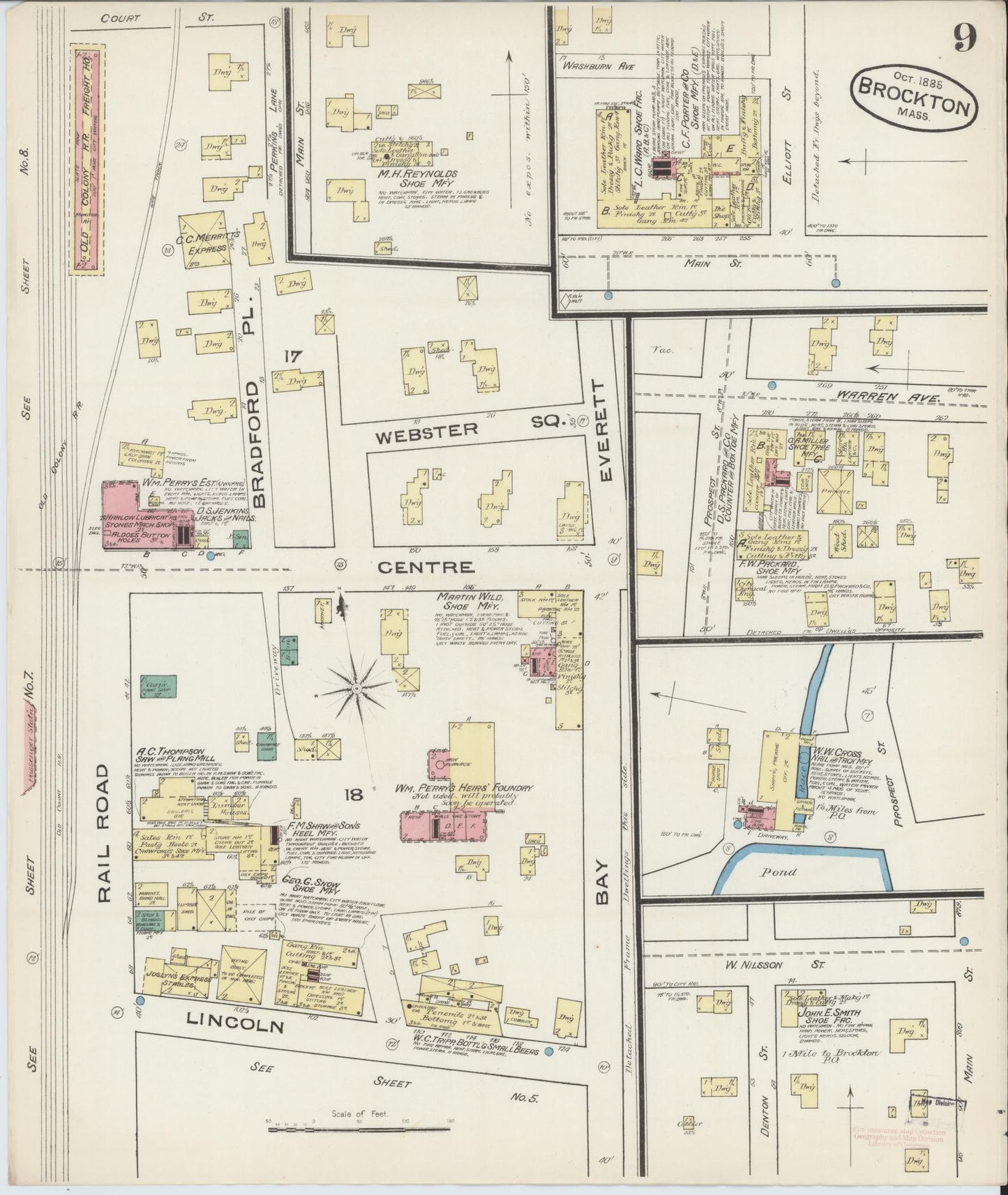 Sanborn Fire Insurance Map from Brockton, Plymouth County, Massachusetts (1885), Sheet #0009 - Historic Sanborn Fire Insurance Map Print, vintage old map wall art, antique decor, genealogy gift, Massachusetts Massachusetts map