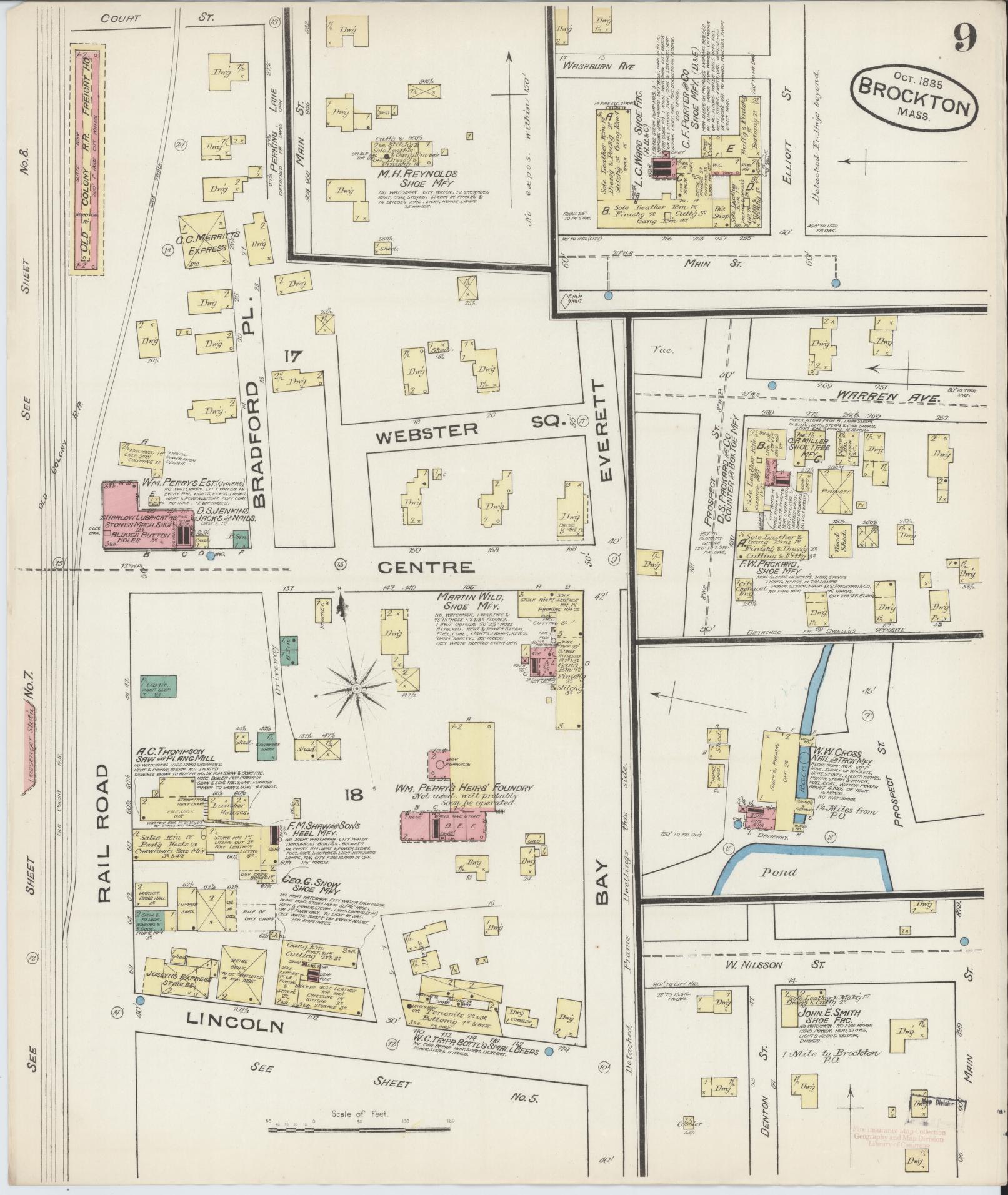 Sanborn Fire Insurance Map from Brockton, Plymouth County, Massachusetts (1885), Sheet #0009 - Historic Sanborn Fire Insurance Map Print, vintage old map wall art, antique decor, genealogy gift, Massachusetts Massachusetts map