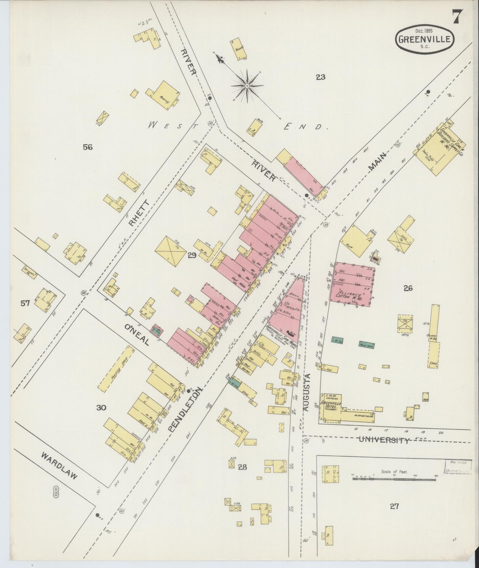 Sanborn Fire Insurance Map from Greenville, Greenville County, South Carolina (1893), Sheet #0007 - Historic Sanborn Fire Insurance Map Print, vintage old map wall art, antique decor, genealogy gift, South Carolina South Carolina map