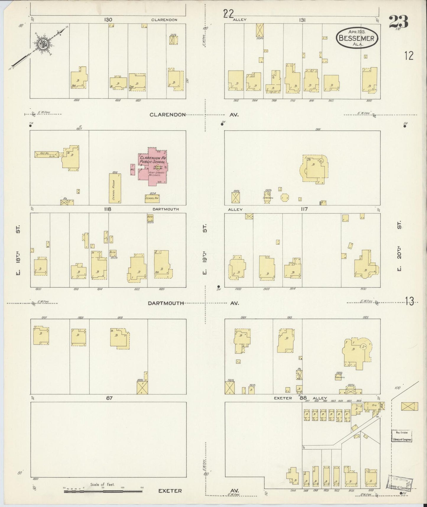 Sanborn Fire Insurance Map from Bessemer, Jefferson County, Alabama (1913), Sheet #0023 - Complete Map Set gallery image, historic Sanborn map, vintage wall art, Alabama Alabama
