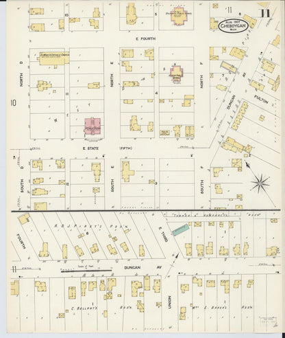 Sanborn Fire Insurance Map from Cheboygan, Cheboygan County, Michigan (1907), Sheet #0011 - Historic Sanborn Fire Insurance Map Print, vintage old map wall art, antique decor, genealogy gift, Michigan Michigan map
