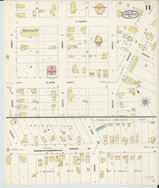 Sanborn Fire Insurance Map from Cheboygan, Cheboygan County, Michigan (1907), Sheet #0011 - Historic Sanborn Fire Insurance Map Print, vintage old map wall art, antique decor, genealogy gift, Michigan Michigan map