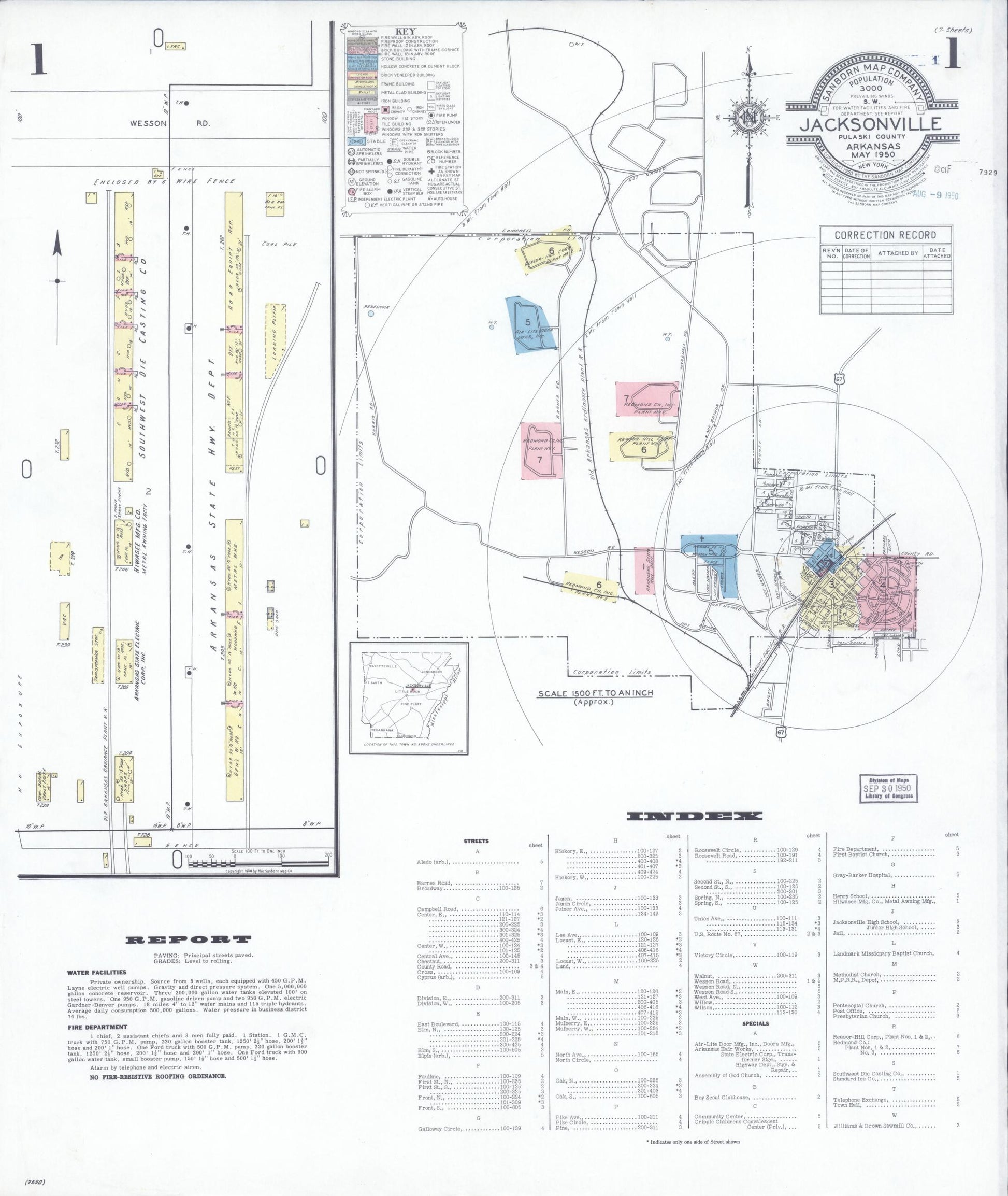 Sanborn Fire Insurance Map from Jacksonville, Pulaski County, Arkansas. (1950), Sheet 1 – Historic Sanborn Fire Insurance Map Print