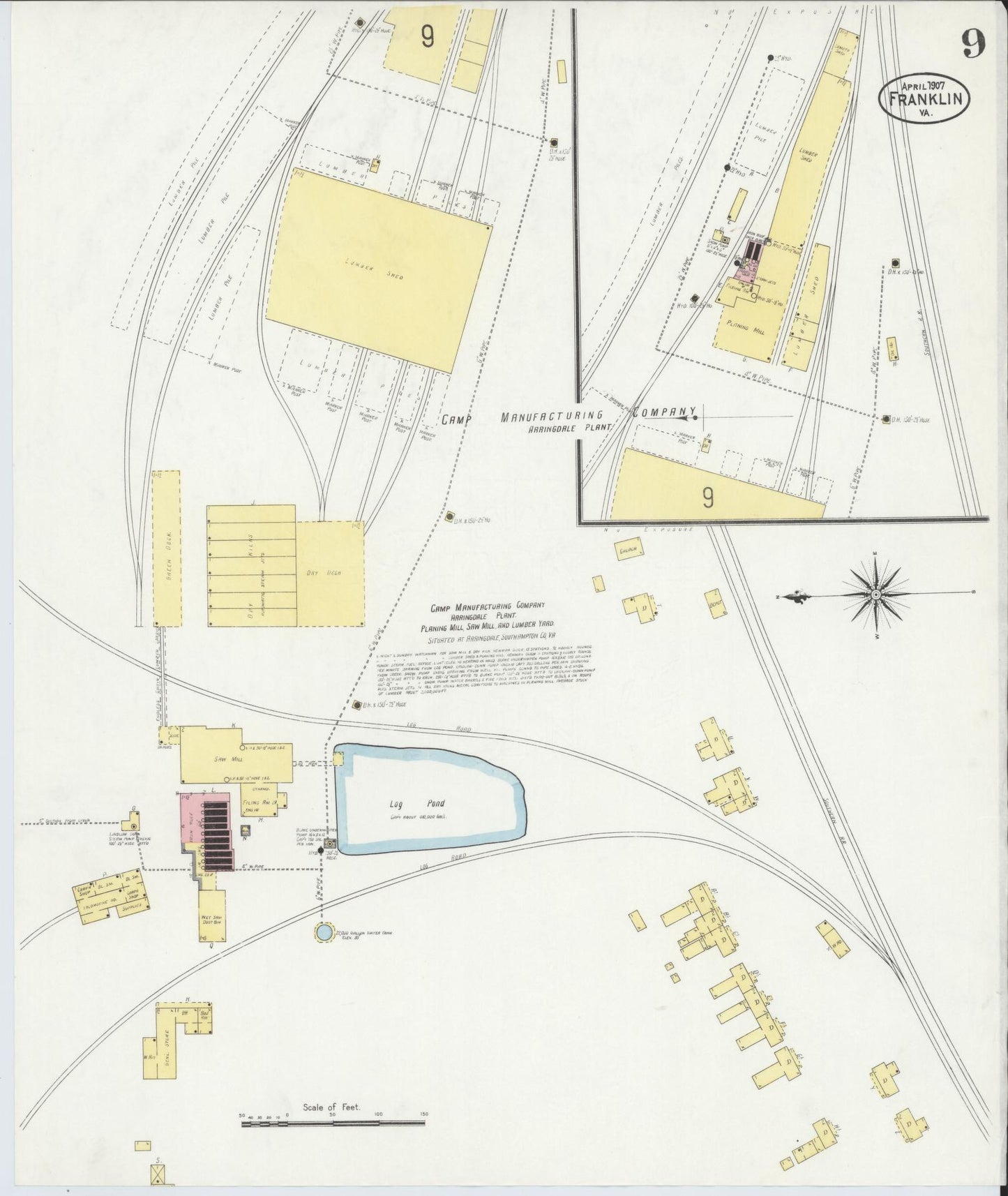 Sanborn Fire Insurance Map from Franklin, Independent Cities, Virginia (1907), Sheet #0009 - Complete Map Set gallery image, historic Sanborn map, vintage wall art, Virginia Virginia