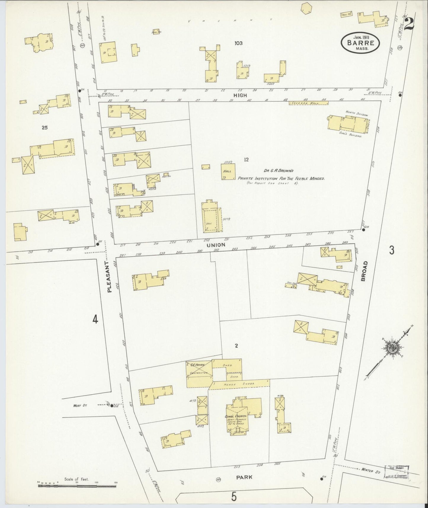 Sanborn Fire Insurance Map from Barre, Worcester County, Massachusetts (1911), Sheet #0002 - Historic Sanborn Fire Insurance Map Print, vintage old map wall art, antique decor, genealogy gift, Massachusetts Massachusetts map