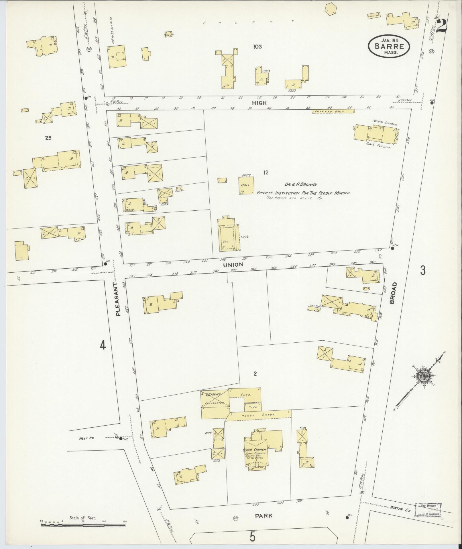 Sanborn Fire Insurance Map from Barre, Worcester County, Massachusetts (1911), Sheet #0002 - Historic Sanborn Fire Insurance Map Print, vintage old map wall art, antique decor, genealogy gift, Massachusetts Massachusetts map