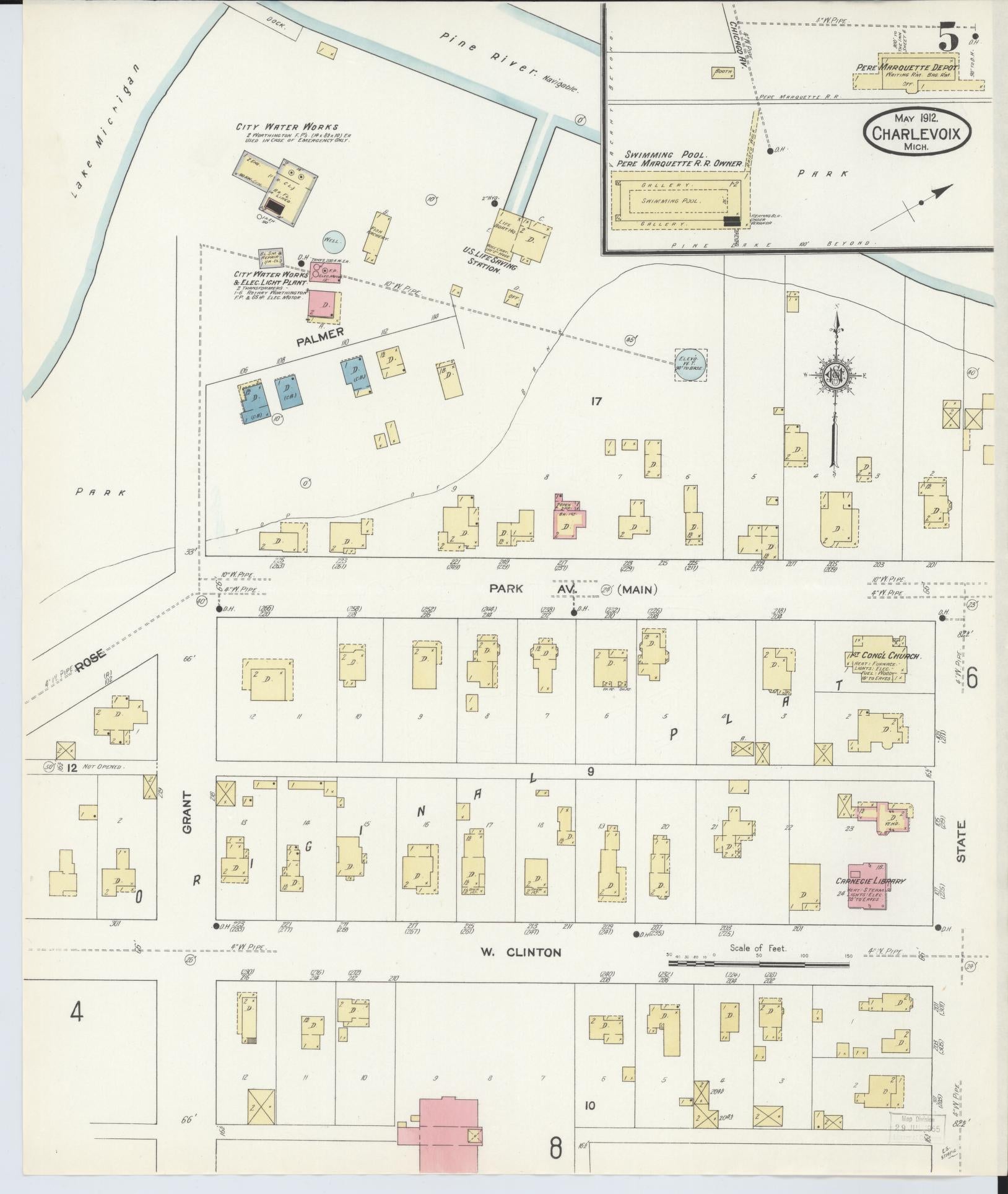 Sanborn Fire Insurance Map from Charlevoix, Charlevoix County, Michigan (1912), Sheet #0005 - Historic Sanborn Fire Insurance Map Print, vintage old map wall art, antique decor, genealogy gift, Michigan Michigan map