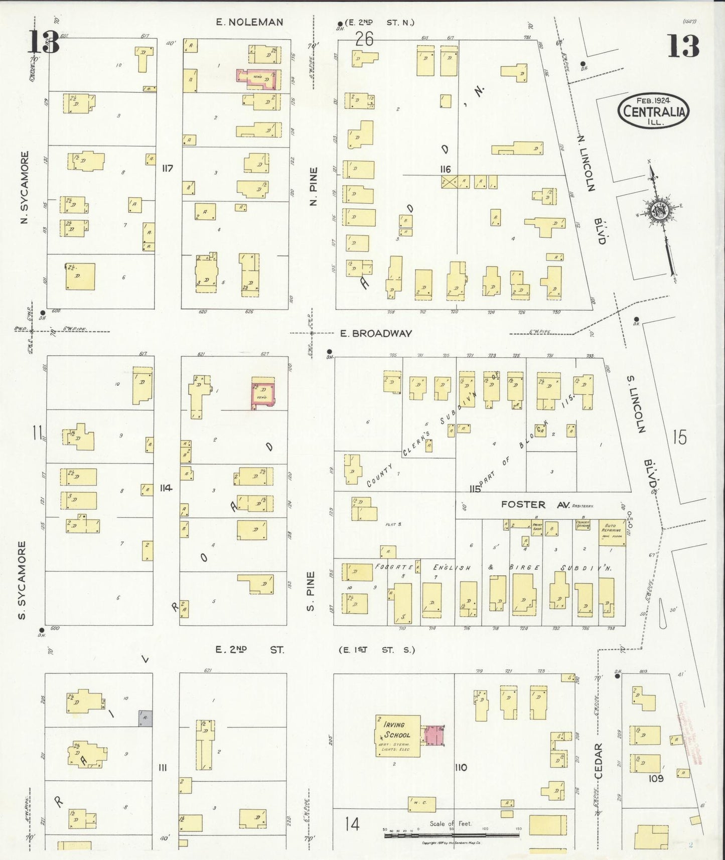 Sanborn Fire Insurance Map from Centralia, Marion, Clinton, Jefferson, and Washington Counties, Illinois (1924), Sheet #0013 - Historic Sanborn Fire Insurance Map Print, vintage old map wall art, antique decor, genealogy gift, Illinois Illinois map