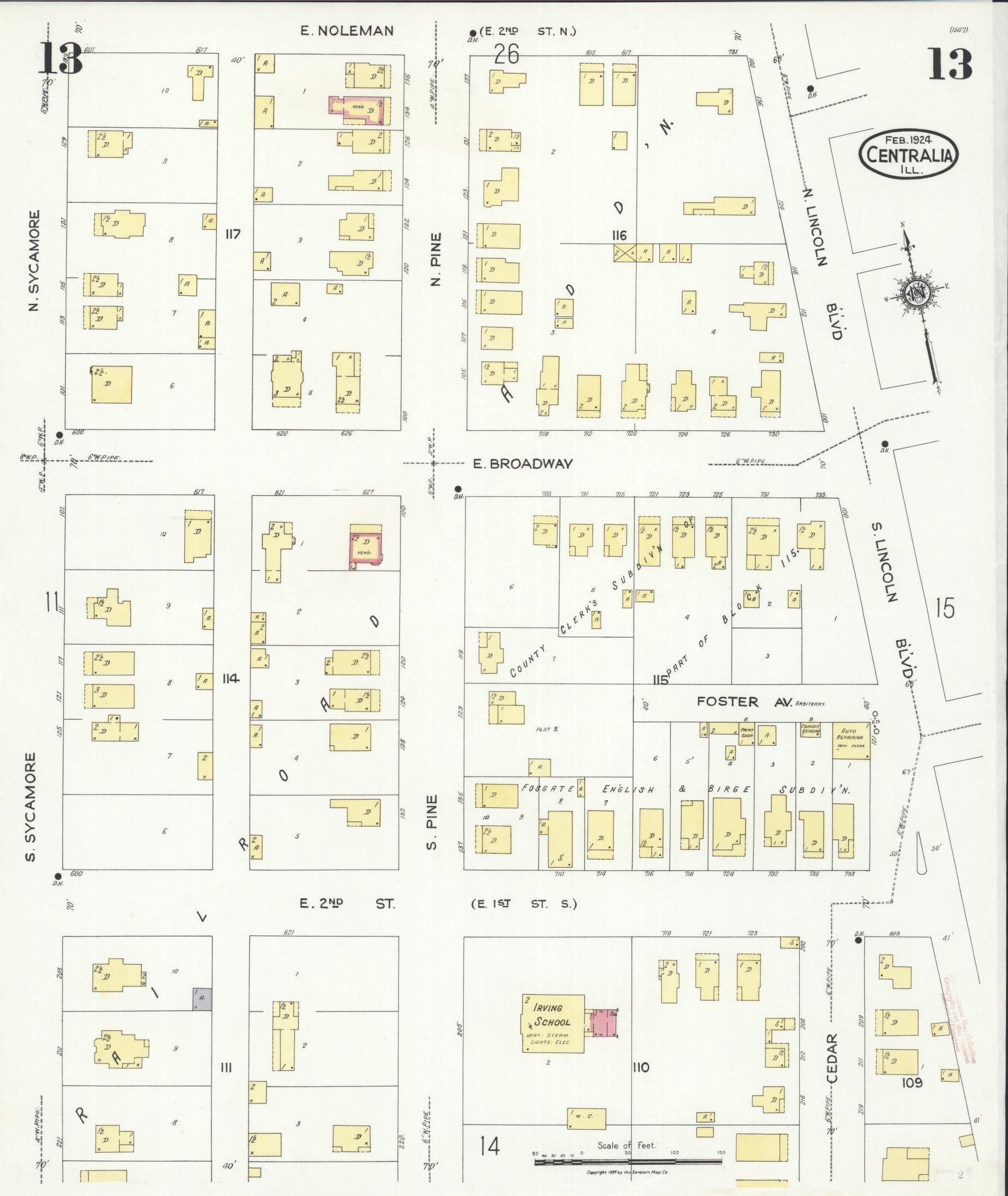 Sanborn Fire Insurance Map from Centralia, Marion, Clinton, Jefferson, and Washington Counties, Illinois (1924), Sheet #0013 - Historic Sanborn Fire Insurance Map Print, vintage old map wall art, antique decor, genealogy gift, Illinois Illinois map