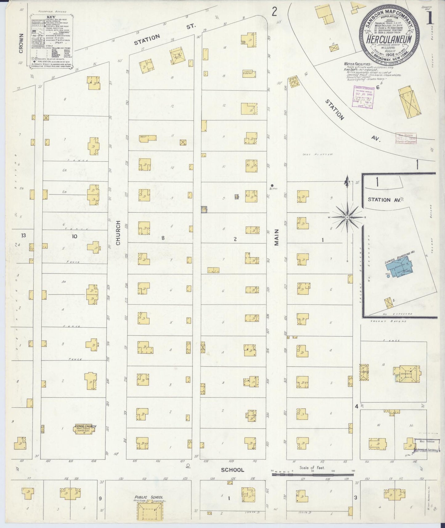 Sanborn Fire Insurance Map from Herculaneum, Jefferson County, Missouri (1908), Sheet #0001 - Complete Map Set gallery image, historic Sanborn map, vintage wall art, Missouri Missouri