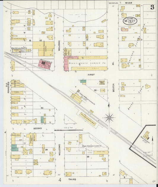 Sanborn Fire Insurance Map from Minot, Ward County, North Dakota (1904), Sheet #0003 - Historic Sanborn Fire Insurance Map Print, vintage old map wall art, antique decor, genealogy gift, North Dakota North Dakota map