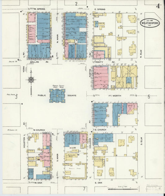 Sanborn Fire Insurance Map from Weatherford, Parker County, Texas (1910), Sheet #0004 - Historic Sanborn Fire Insurance Map Print, vintage old map wall art, antique decor, genealogy gift, Texas Texas map