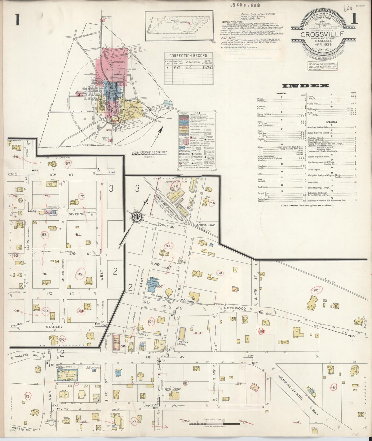 Sanborn Fire Insurance Map from Crossville, Cumberland County, Tennessee (1942), Sheet #0001 - Complete Map Set gallery image, historic Sanborn map, vintage wall art, Tennessee Tennessee