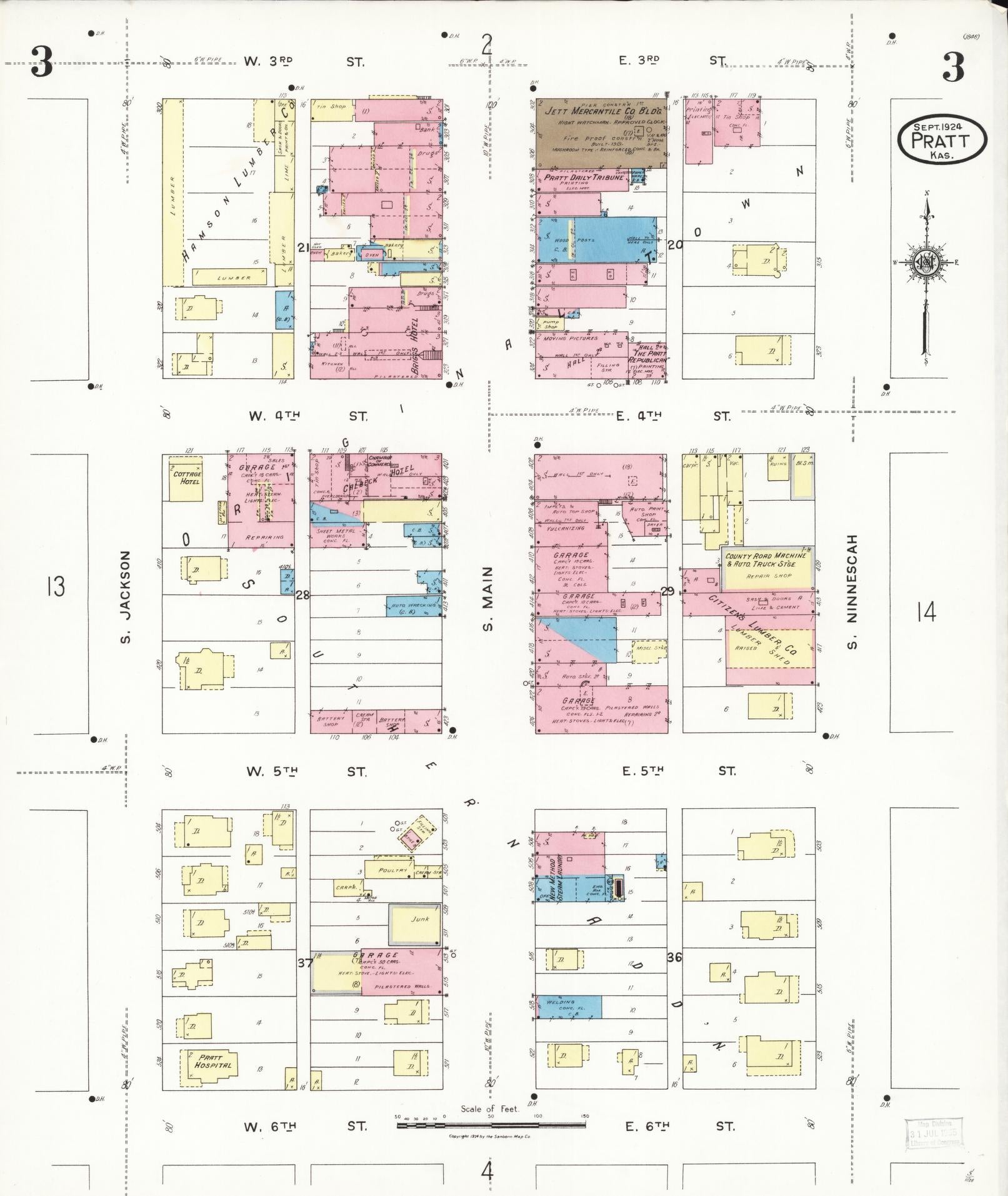 Sanborn Fire Insurance Map from Pratt, Pratt County, Kansas (1924), Sheet #0003 - Complete Map Set gallery image, historic Sanborn map, vintage wall art, Kansas Kansas