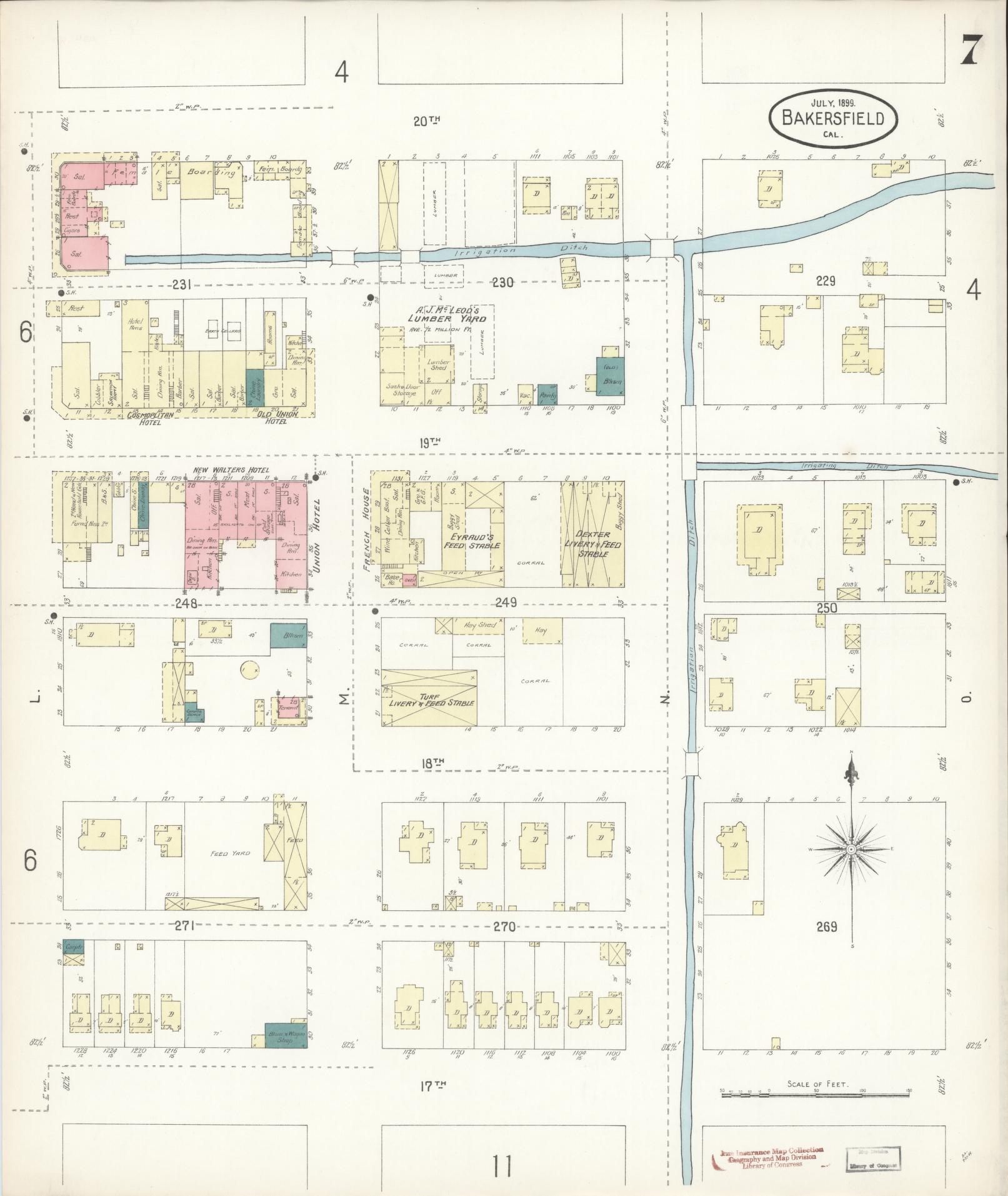 Sanborn Fire Insurance Map from Bakersfield, Kern County, California (1899), Sheet #0007 - Historic Sanborn Fire Insurance Map Print, vintage old map wall art, antique decor, genealogy gift, California California map