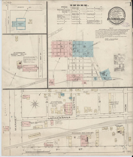 Sanborn Fire Insurance Map from Bloomsburg, Columbia County, Pennsylvania (1885), Sheet #0001 - Historic Sanborn Fire Insurance Map Print, vintage old map wall art, antique decor, genealogy gift, Pennsylvania Pennsylvania map