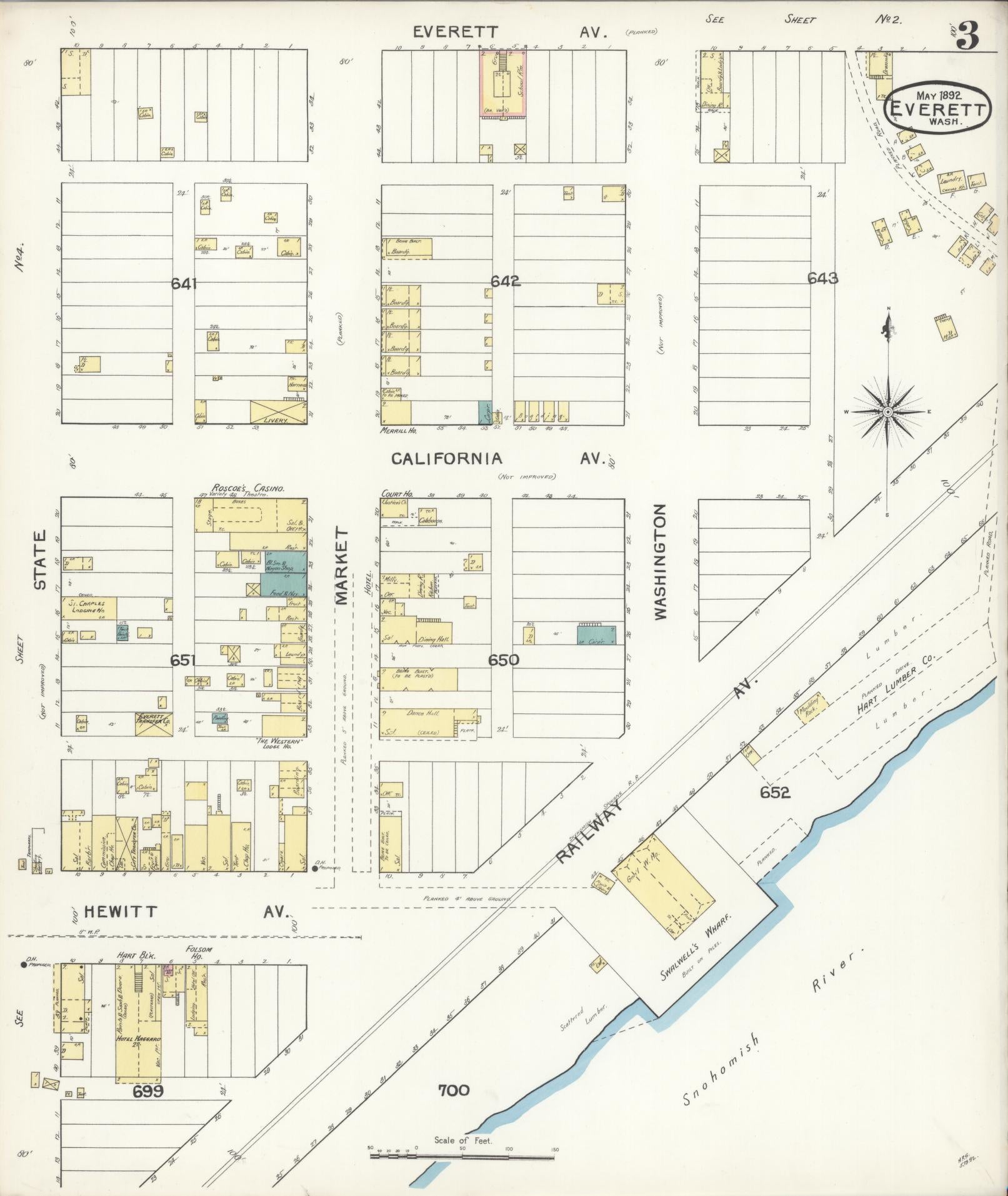 Sanborn Fire Insurance Map from Everett, Snohomish County, Washington (1892), Sheet #0003 - Historic Sanborn Fire Insurance Map Print, vintage old map wall art, antique decor, genealogy gift, Washington Washington map