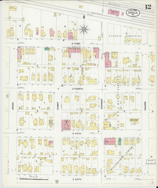 Sanborn Fire Insurance Map from Sedalia, Pettis County, Missouri (1908), Sheet #0012 - Historic Sanborn Fire Insurance Map Print, vintage old map wall art, antique decor, genealogy gift, Missouri Missouri map