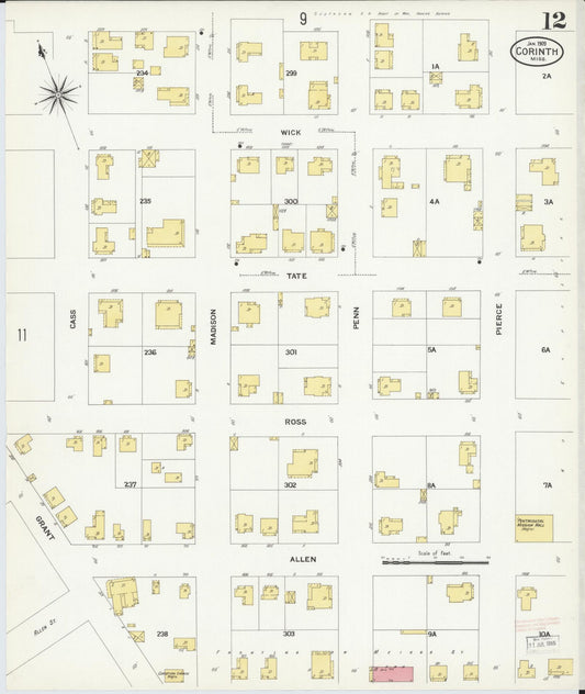 Sanborn Fire Insurance Map from Corinth, Alcorn County, Mississippi (1909), Sheet #0012 - Historic Sanborn Fire Insurance Map Print, vintage old map wall art, antique decor, genealogy gift, Mississippi Mississippi map