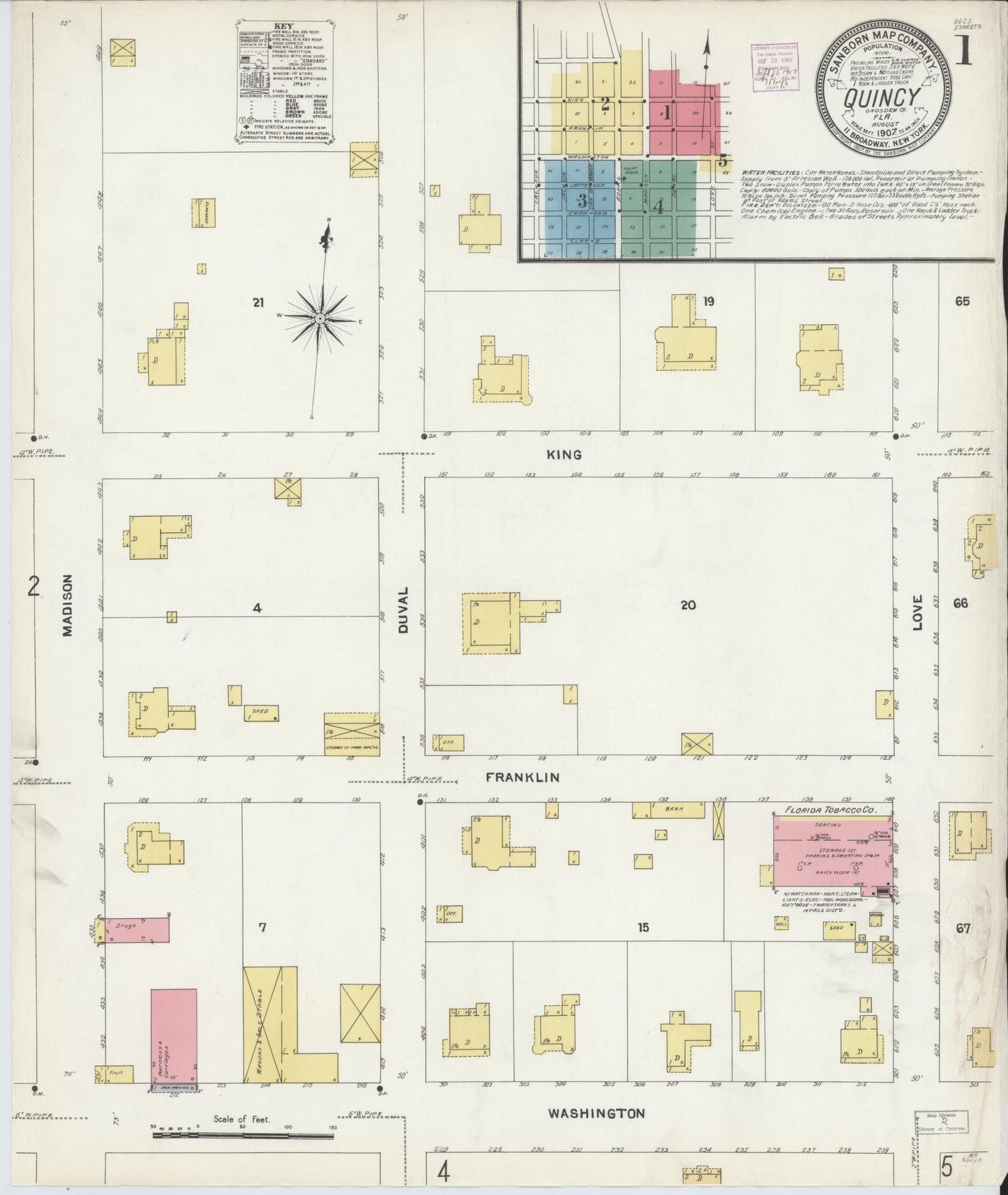 Sanborn Fire Insurance Map from Quincy, Gadsden County, Florida (1907), Sheet #0001 - Historic Sanborn Fire Insurance Map Print, vintage old map wall art, antique decor, genealogy gift, Florida Florida map