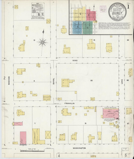 Sanborn Fire Insurance Map from Quincy, Gadsden County, Florida (1907), Sheet #0001 - Historic Sanborn Fire Insurance Map Print, vintage old map wall art, antique decor, genealogy gift, Florida Florida map