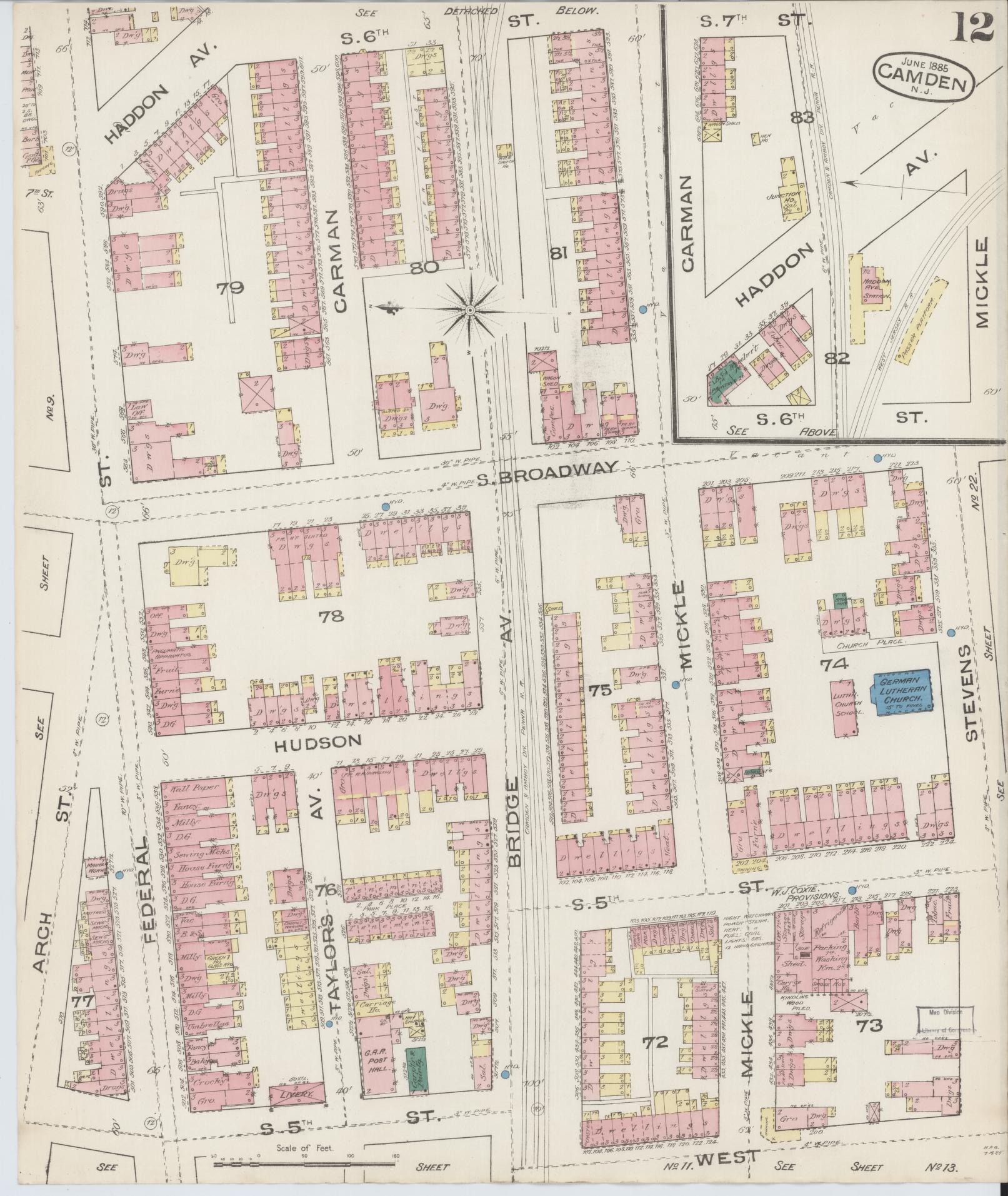 Sanborn Fire Insurance Map from Camden, Camden County, New Jersey (1885), Sheet #0012 - Historic Sanborn Fire Insurance Map Print, vintage old map wall art, antique decor, genealogy gift, New Jersey New Jersey map