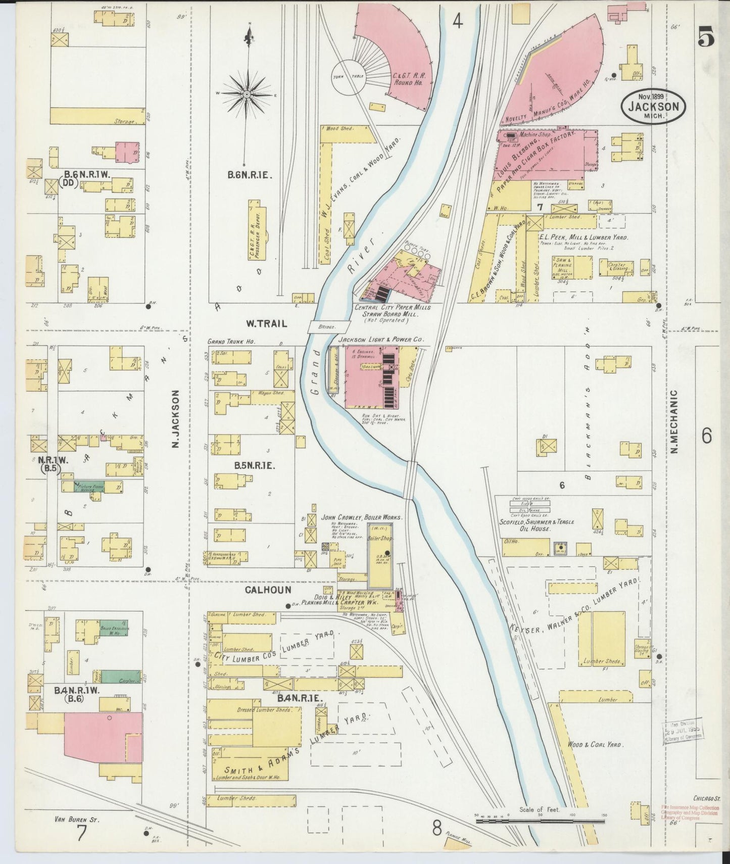Sanborn Fire Insurance Map from Jackson, Jackson County, Michigan (1899), Sheet #0005 - Complete Map Set gallery image, historic Sanborn map, vintage wall art, Michigan Michigan