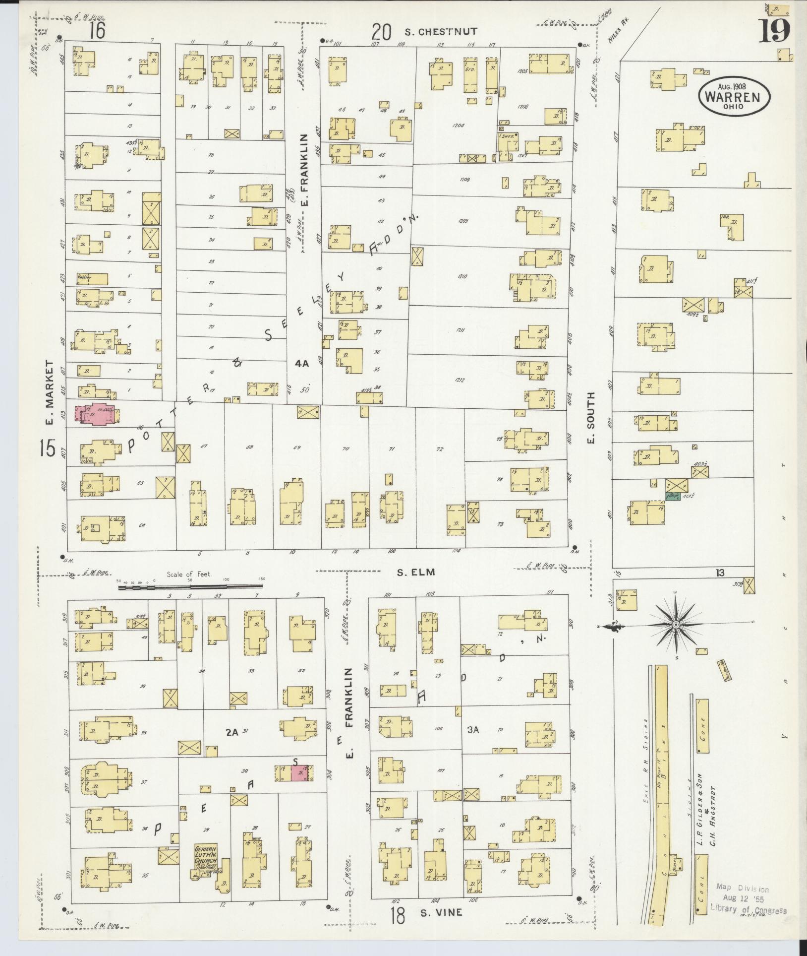 Sanborn Fire Insurance Map from Warren, Trumbull County, Ohio (1908), Sheet #0019 - Complete Map Set gallery image, historic Sanborn map, vintage wall art, Ohio Ohio