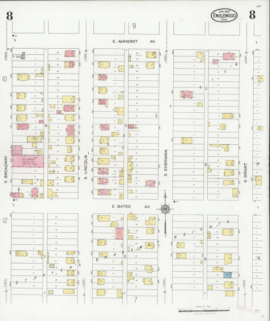 Sanborn Fire Insurance Map from Englewood, Arapahoe County, Colorado (1927), Sheet #0008 - Historic Sanborn Fire Insurance Map Print, vintage old map wall art, antique decor, genealogy gift, Colorado Colorado map