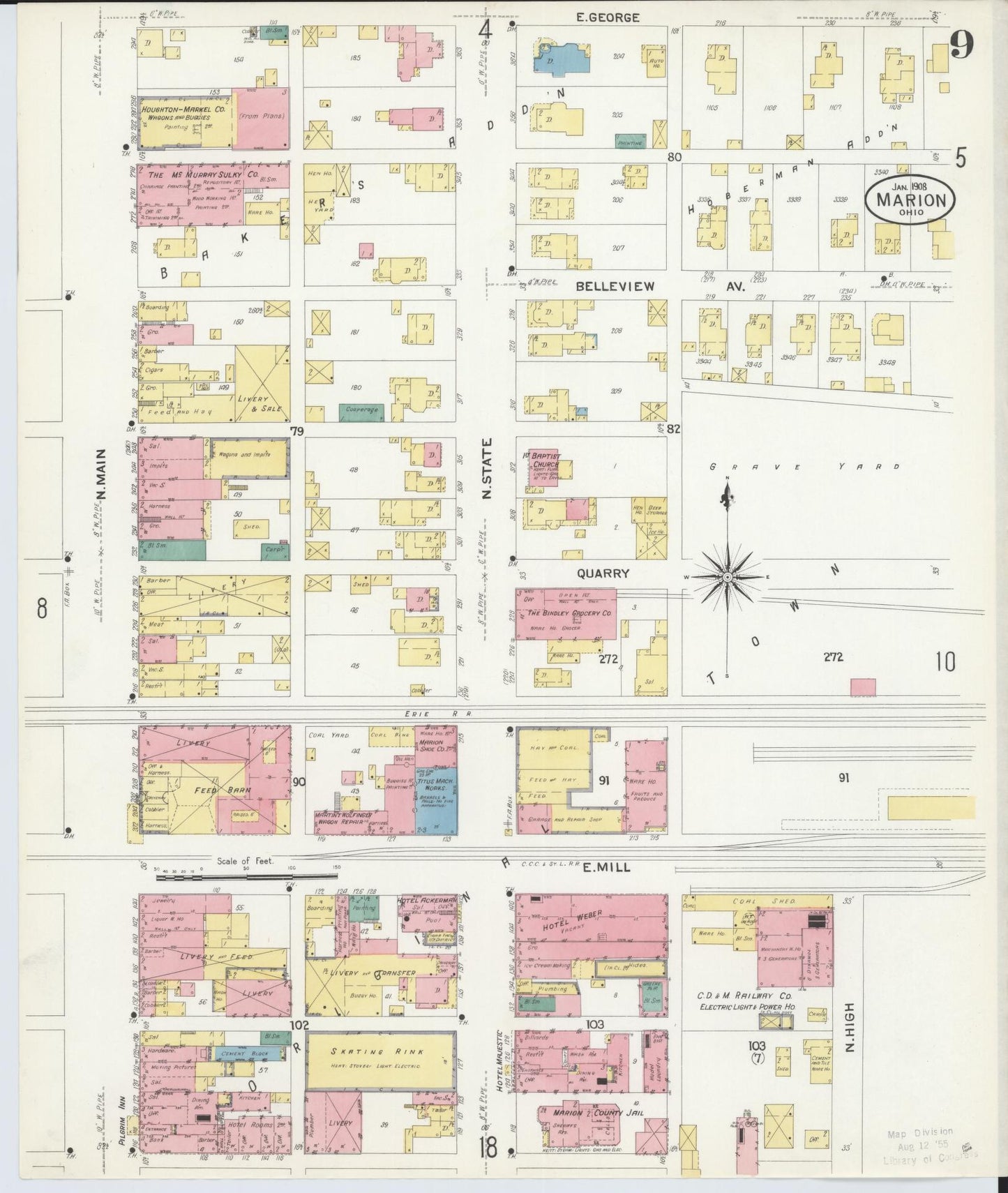 Sanborn Fire Insurance Map from Marion, Marion County, Ohio (1908), Sheet #0009 - Historic Sanborn Fire Insurance Map Print, vintage old map wall art, antique decor, genealogy gift, Ohio Ohio map