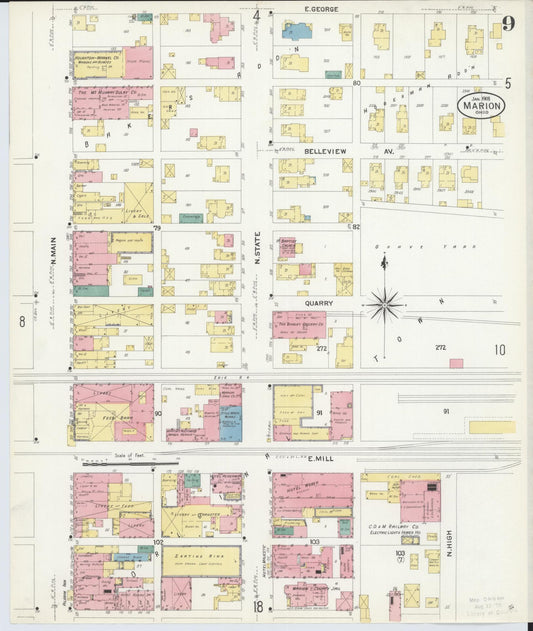 Sanborn Fire Insurance Map from Marion, Marion County, Ohio (1908), Sheet #0009 - Historic Sanborn Fire Insurance Map Print, vintage old map wall art, antique decor, genealogy gift, Ohio Ohio map