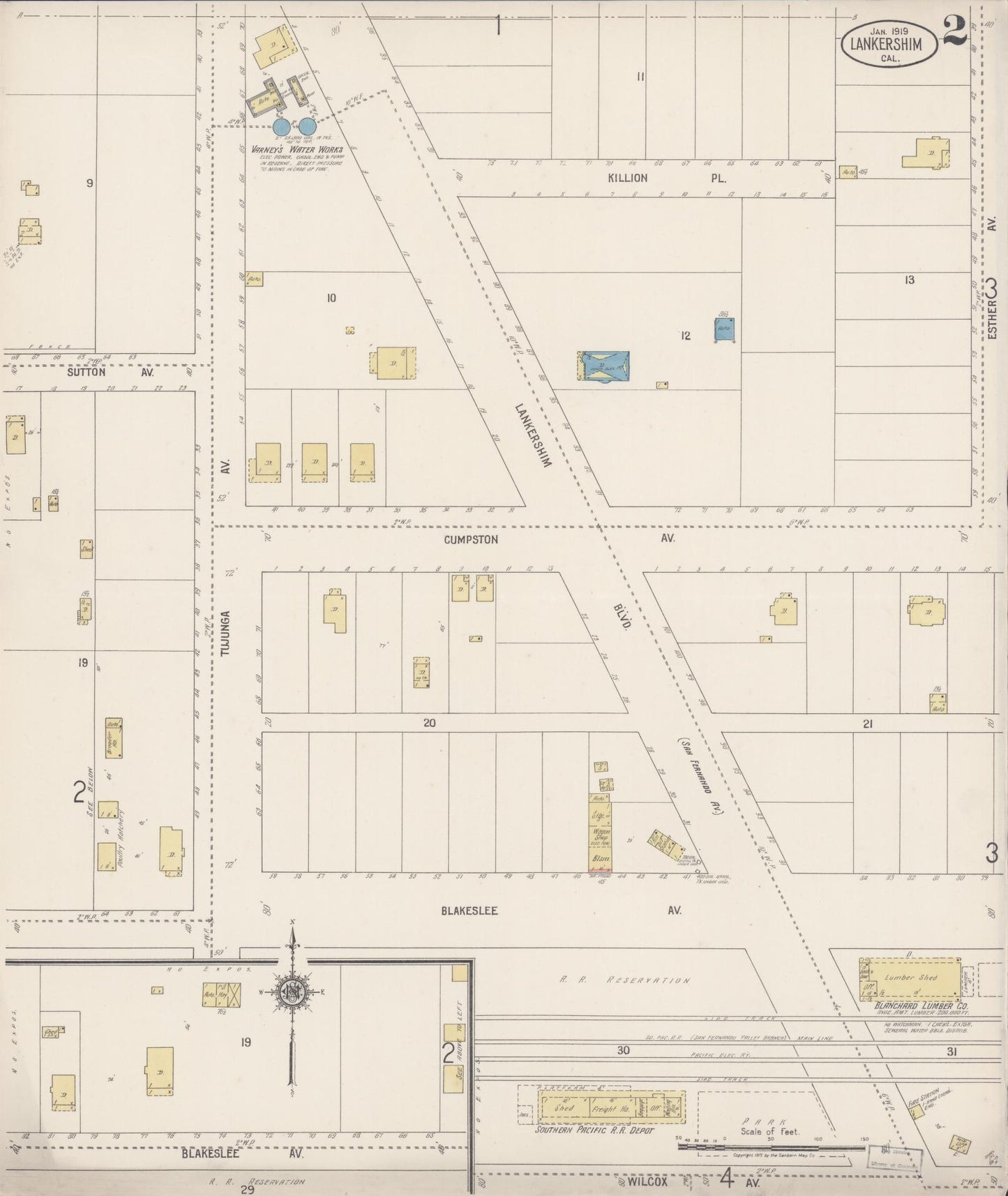 Sanborn Fire Insurance Map from Lankershim, Los Angeles County, California (1919), Sheet #0002 - Historic Sanborn Fire Insurance Map Print, vintage old map wall art, antique decor, genealogy gift, California California map