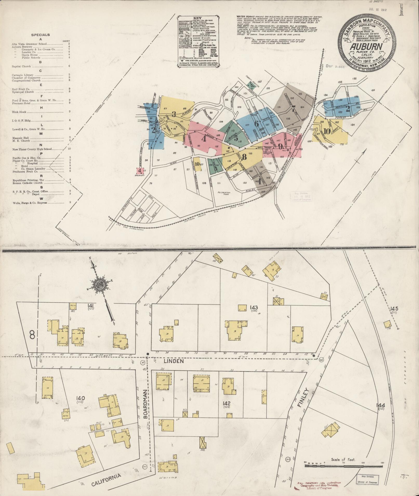 Sanborn Fire Insurance Map from Auburn, Placer County, California (1912), Sheet #0001 - Historic Sanborn Fire Insurance Map Print, vintage old map wall art, antique decor, genealogy gift, California California map