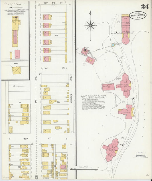 Sanborn Fire Insurance Map from Huntington, Cabell County, West Virginia (1904), Sheet #0024 - Historic Sanborn Fire Insurance Map Print, vintage old map wall art, antique decor, genealogy gift, West Virginia West Virginia map
