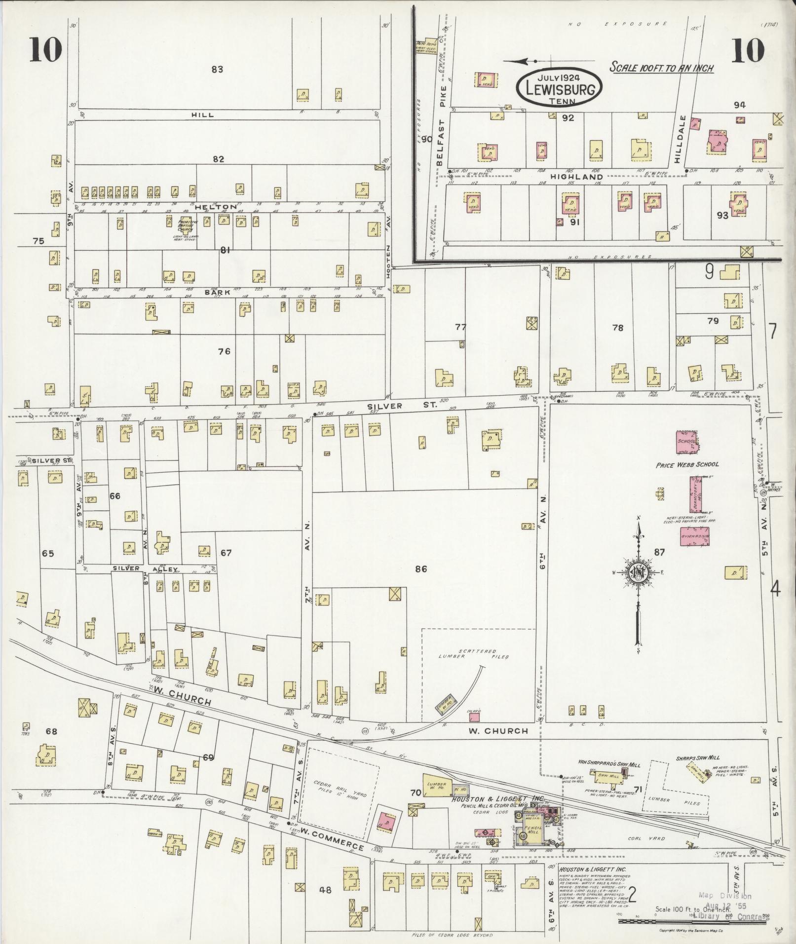 Sanborn Fire Insurance Map from Lewisburg, Marshall County, Tennessee (1924), Sheet #0010 - Historic Sanborn Fire Insurance Map Print, vintage old map wall art, antique decor, genealogy gift, Tennessee Tennessee map
