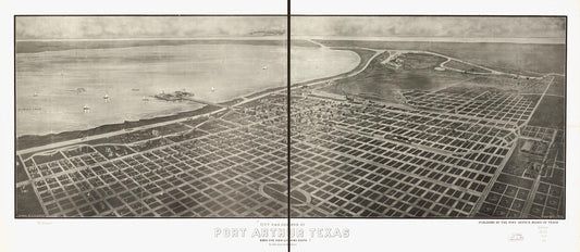 City and harbor of Port Arthur, Texas birds eye view looking south to the Gulf of Mexico. (1912) – Historic Bird’s-Eye View Panorama Print