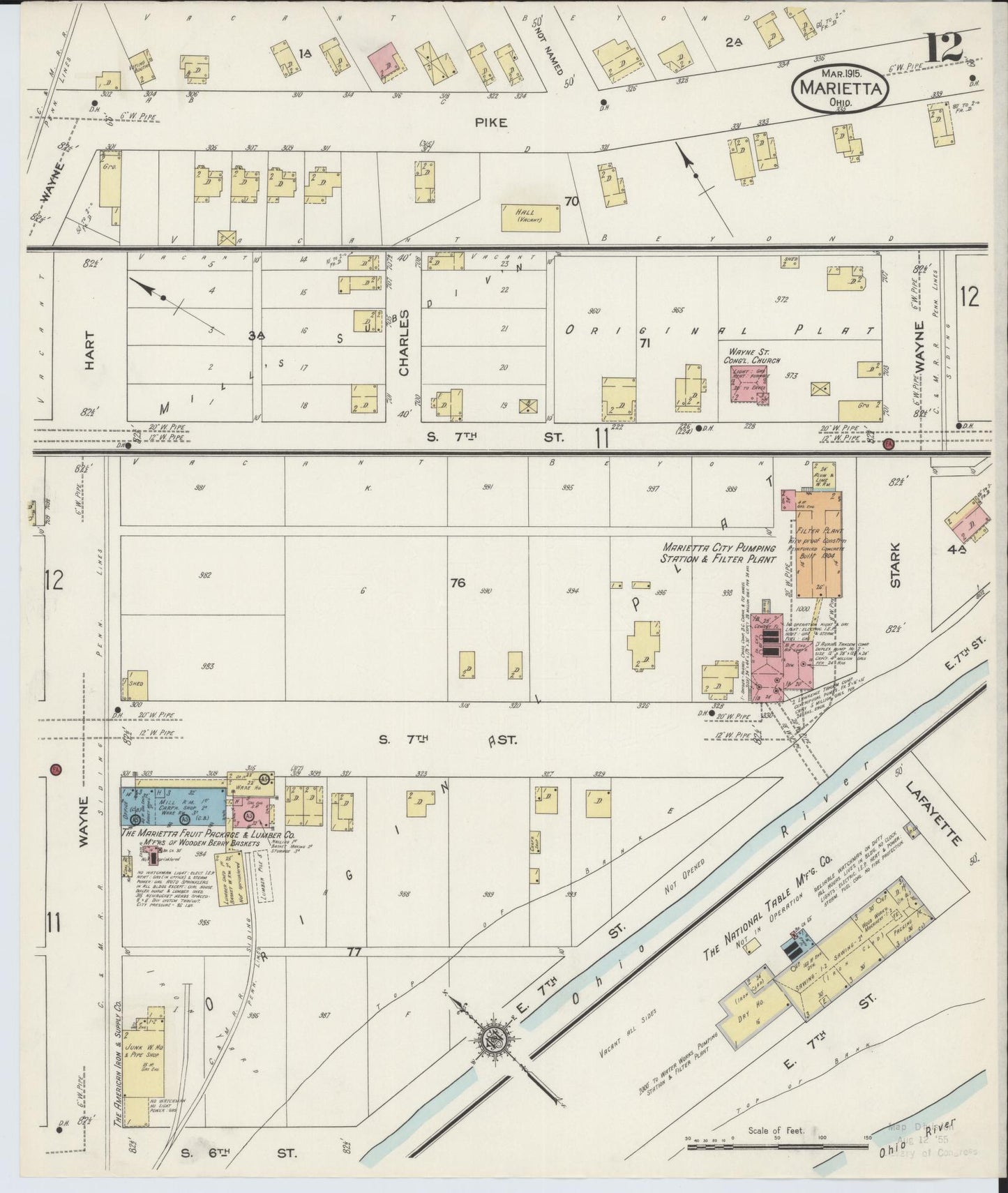 Sanborn Fire Insurance Map from Marietta, Washington County, Ohio (1915), Sheet #0012 - Historic Sanborn Fire Insurance Map Print, vintage old map wall art, antique decor, genealogy gift, Ohio Ohio map