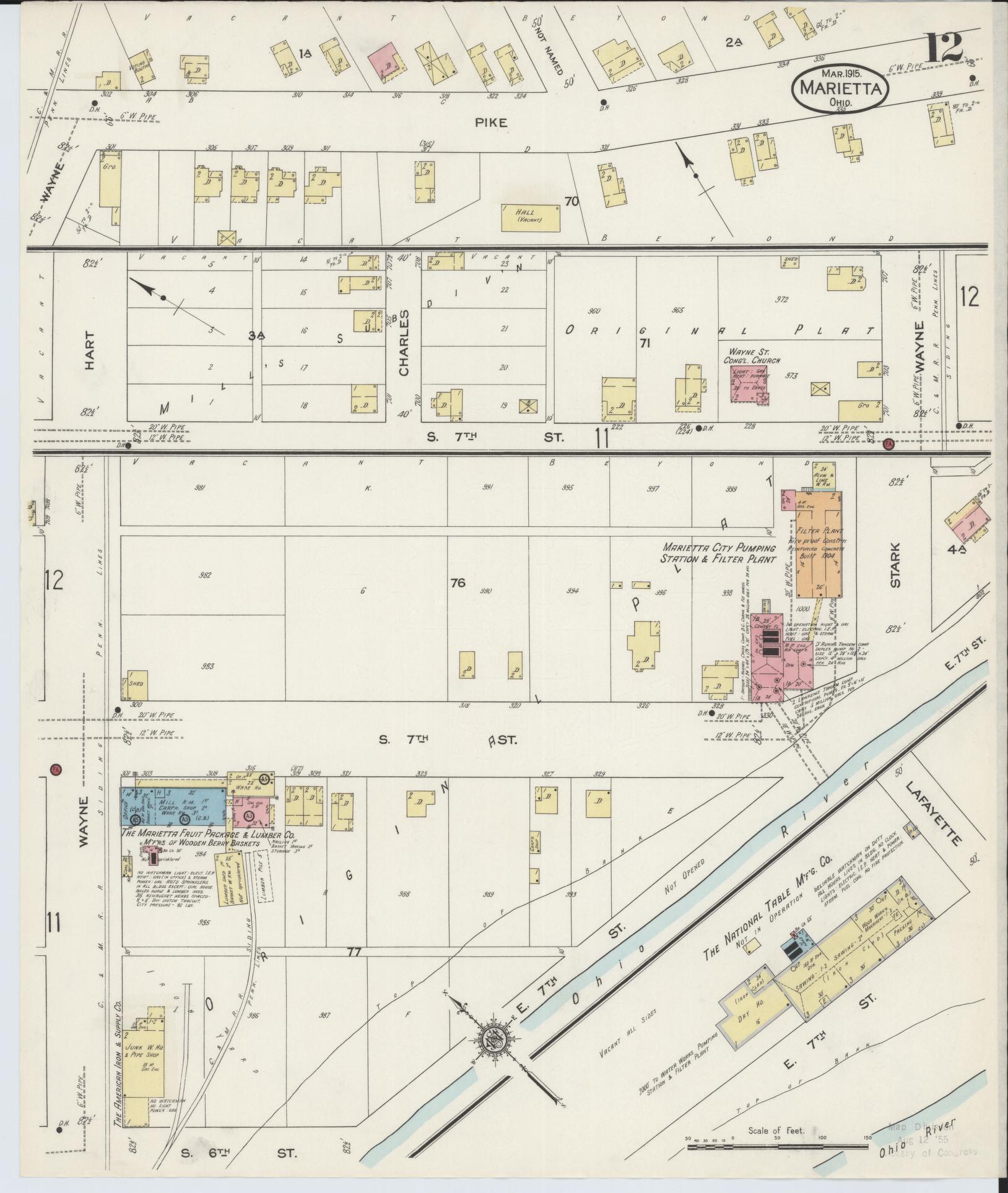 Sanborn Fire Insurance Map from Marietta, Washington County, Ohio (1915), Sheet #0012 - Historic Sanborn Fire Insurance Map Print, vintage old map wall art, antique decor, genealogy gift, Ohio Ohio map
