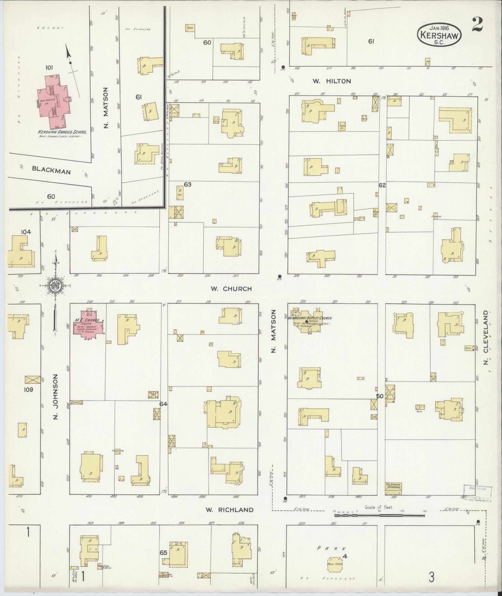 Sanborn Fire Insurance Map from Kershaw, Kershaw And Lancaster Counties, South Carolina (1916), Sheet #0002 - Complete Map Set gallery image, historic Sanborn map, vintage wall art, South Carolina South Carolina