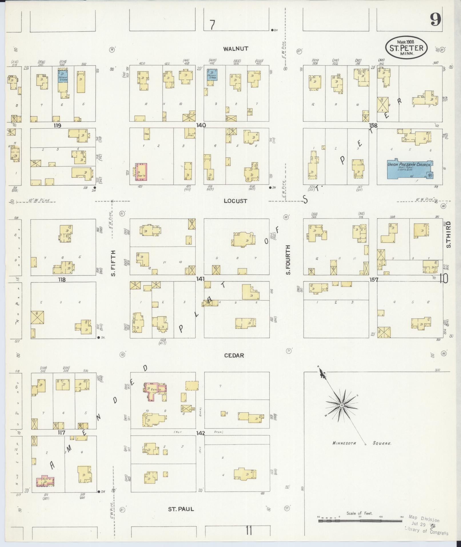 Sanborn Fire Insurance Map from Saint Peter, Nicollet County, Minnesota (1908), Sheet #0009 - Complete Map Set gallery image, historic Sanborn map, vintage wall art, Minnesota Minnesota