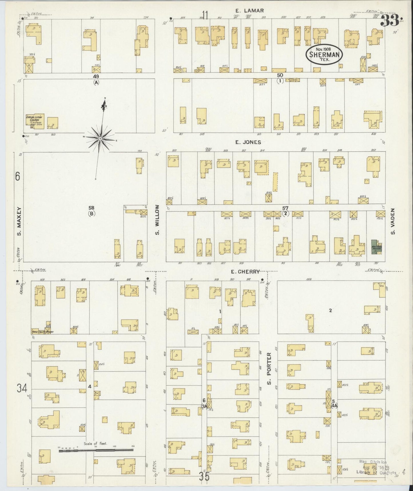 Sanborn Fire Insurance Map from Sherman, Grayson County, Texas (1908), Sheet #0033 - Historic Sanborn Fire Insurance Map Print, vintage old map wall art, antique decor, genealogy gift, Texas Texas map