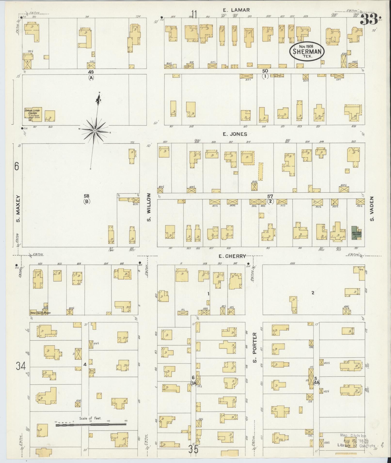 Sanborn Fire Insurance Map from Sherman, Grayson County, Texas (1908), Sheet #0033 - Historic Sanborn Fire Insurance Map Print, vintage old map wall art, antique decor, genealogy gift, Texas Texas map