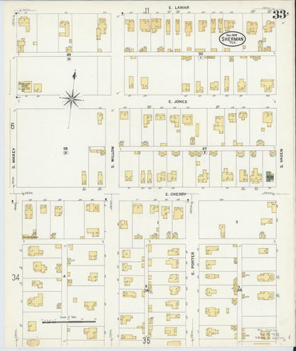 Sanborn Fire Insurance Map from Sherman, Grayson County, Texas (1908), Sheet #0033 - Historic Sanborn Fire Insurance Map Print, vintage old map wall art, antique decor, genealogy gift, Texas Texas map