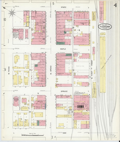 Sanborn Fire Insurance Map from Texarkana, Bowie County, Texas (1909), Sheet #0004 - Complete Map Set gallery image, historic Sanborn map, vintage wall art, Texas Texas